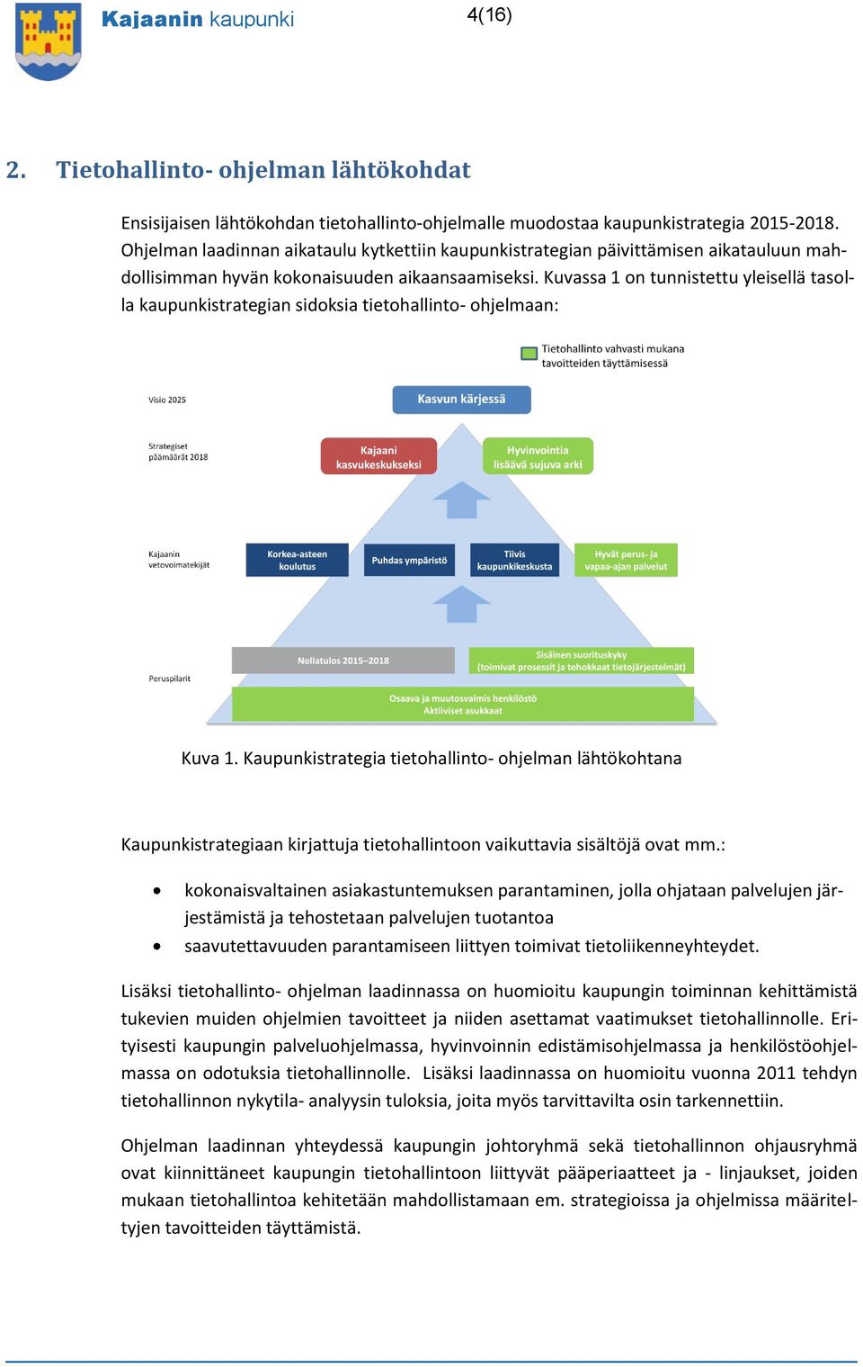 Kuvassa 1 on tunnistettu yleisellä tasolla kaupunkistrategian sidoksia tietohallinto- ohjelmaan: Kuva 1.