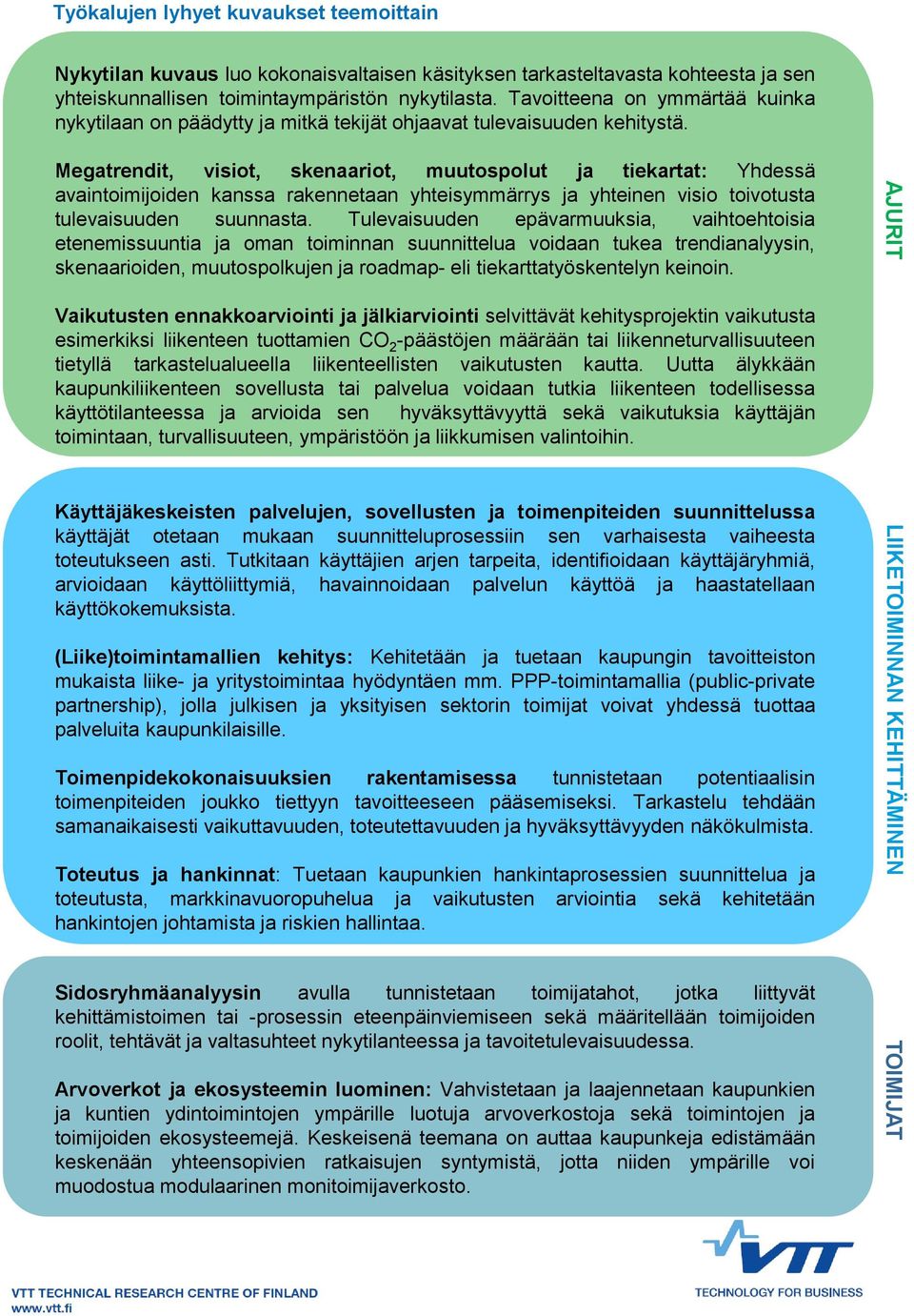 Megatrendit, visiot, skenaariot, muutospolut ja tiekartat: Yhdessä avaintoimijoiden kanssa rakennetaan yhteisymmärrys ja yhteinen visio toivotusta tulevaisuuden suunnasta.