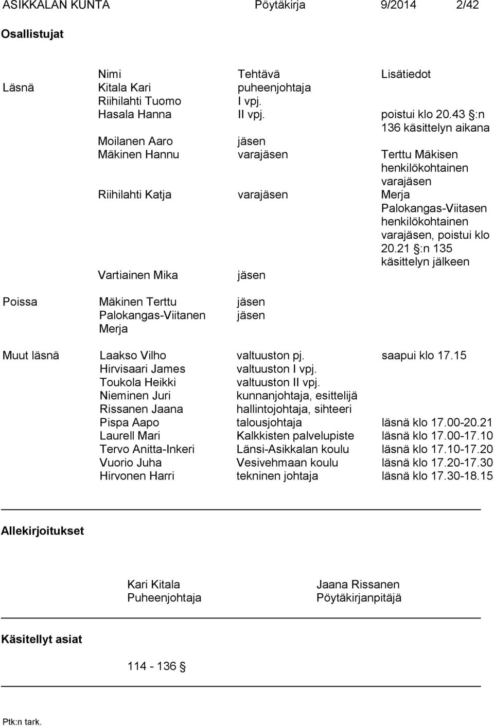 poistui klo 20.21 :n 135 käsittelyn jälkeen Vartiainen Mika jäsen Poissa Mäkinen Terttu jäsen Palokangas-Viitanen jäsen Merja Muut läsnä Laakso Vilho valtuuston pj. saapui klo 17.