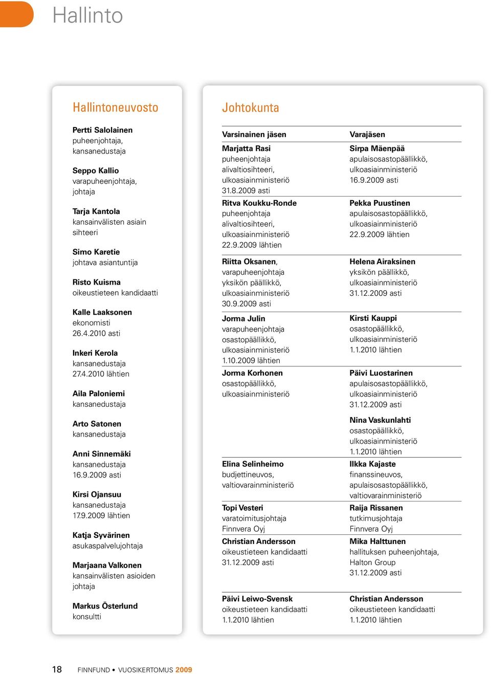 9.2009 asti Kirsi Ojansuu kansanedustaja 17.9.2009 lähtien Katja Syvärinen asukaspalvelujohtaja Marjaana Valkonen kansainvälisten asioiden johtaja Markus Österlund konsultti Johtokunta Varsinainen