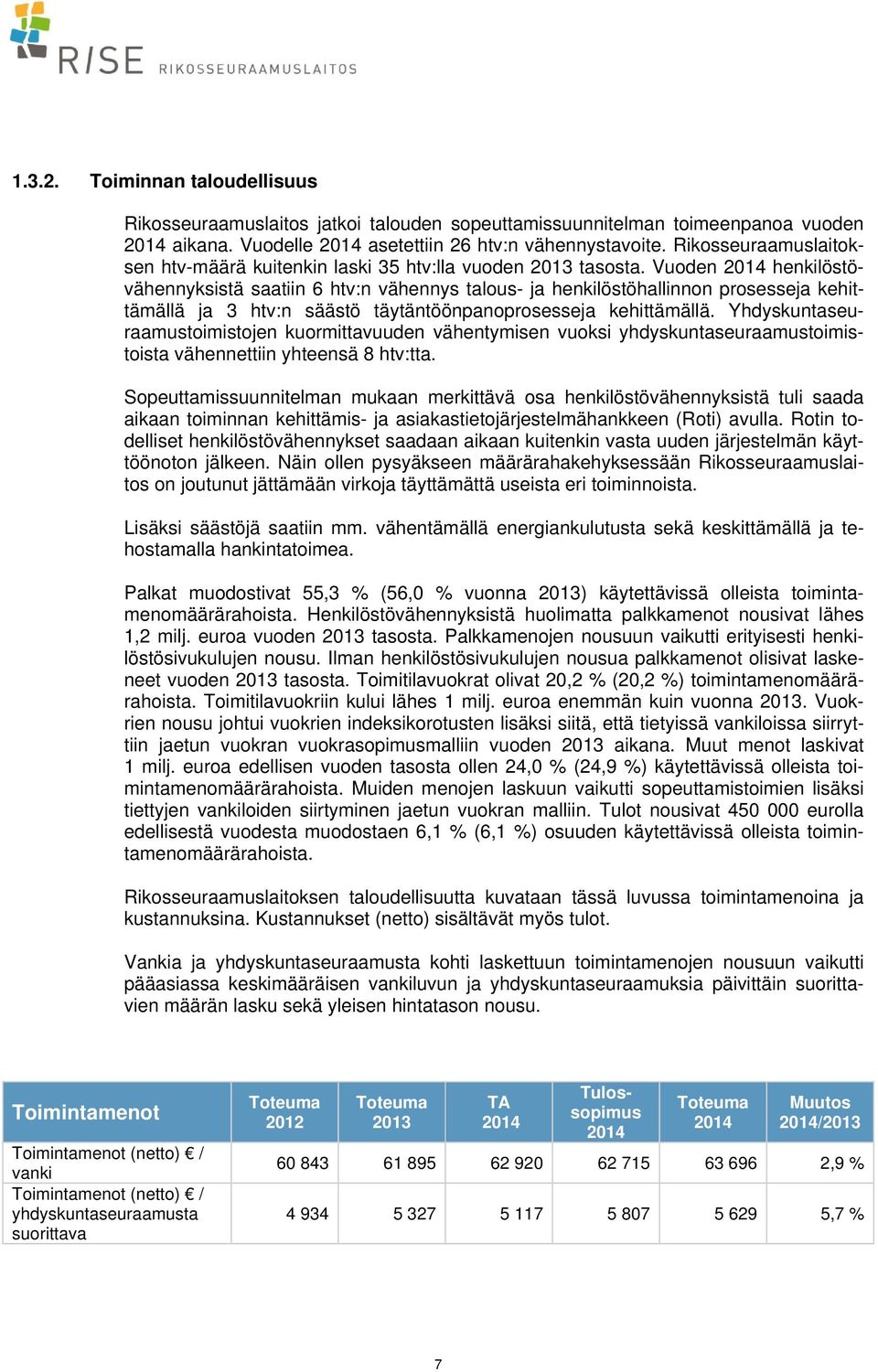 Vuoden 2014 henkilöstövähennyksistä saatiin 6 htv:n vähennys talous- ja henkilöstöhallinnon prosesseja kehittämällä ja 3 htv:n säästö täytäntöönpanoprosesseja kehittämällä.