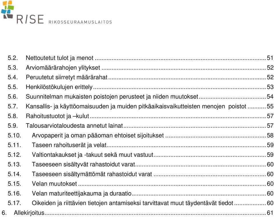 9. Talousarviotaloudesta annetut lainat... 57 5.10. Arvopaperit ja oman pääoman ehtoiset sijoitukset... 58 5.11. Taseen rahoituserät ja velat... 59 5.12. Valtiontakaukset ja -takuut sekä muut vastuut.