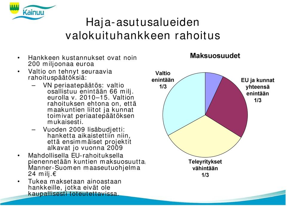 Vuoden 2009 lisäbudjetti: hanketta aikaistettiin niin, että ensimmäiset projektit alkavat jo vuonna 2009 Mahdollisella EU-rahoituksella pienennetään kuntien maksuosuutta;