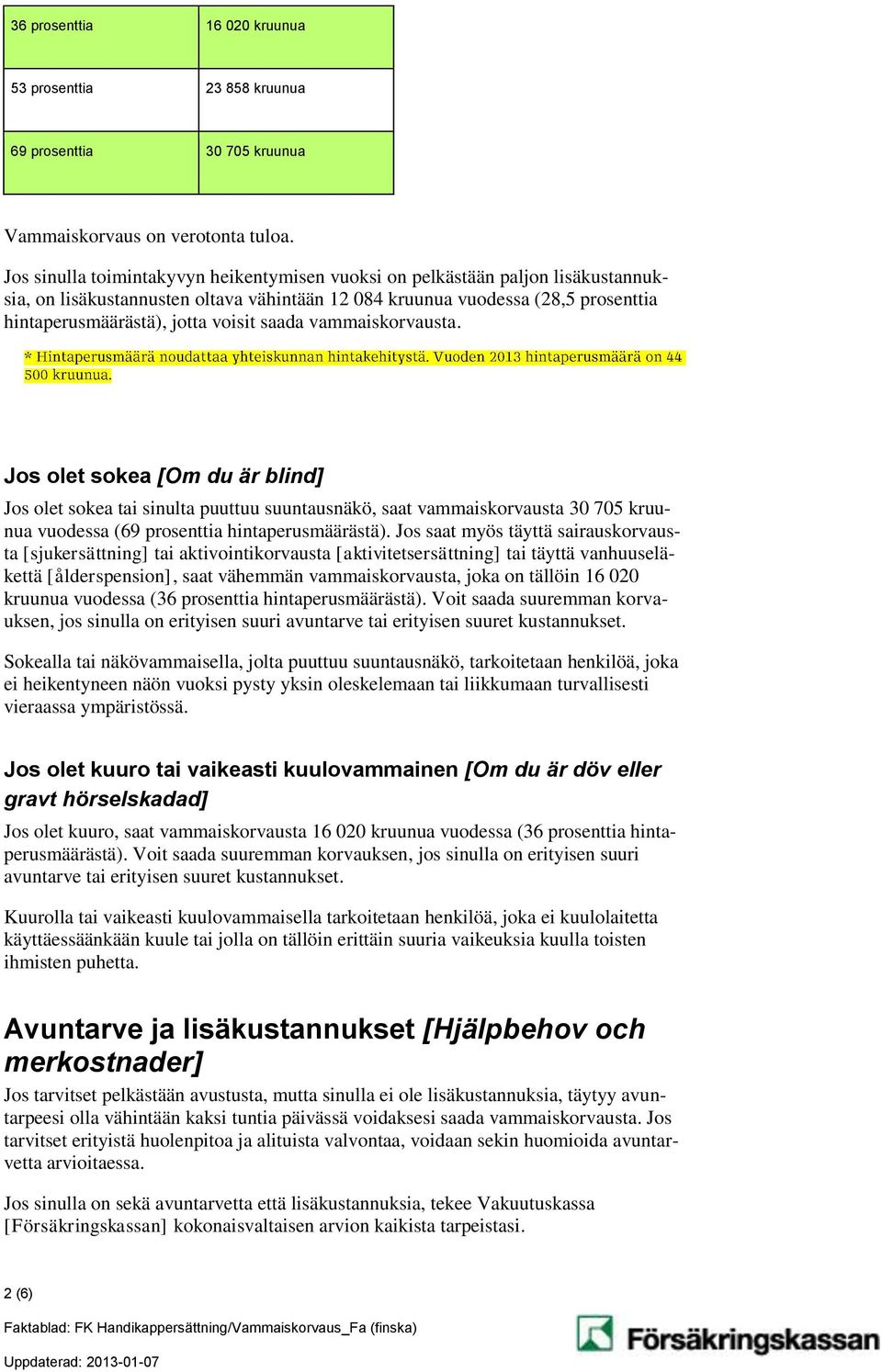 saada vammaiskorvausta. Jos olet sokea [Om du är blind] Jos olet sokea tai sinulta puuttuu suuntausnäkö, saat vammaiskorvausta 30 705 kruunua vuodessa (69 prosenttia hintaperusmäärästä).