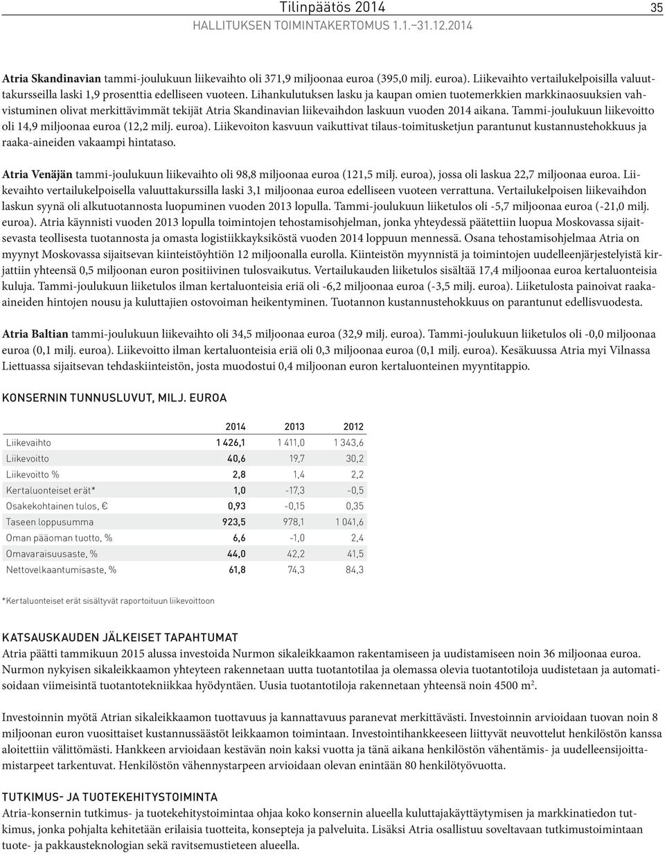 Lihankulutuksen lasku ja kaupan omien tuotemerkkien markkinaosuuksien vahvistuminen olivat merkittävimmät tekijät Atria Skandinavian liikevaihdon laskuun vuoden 2014 aikana.