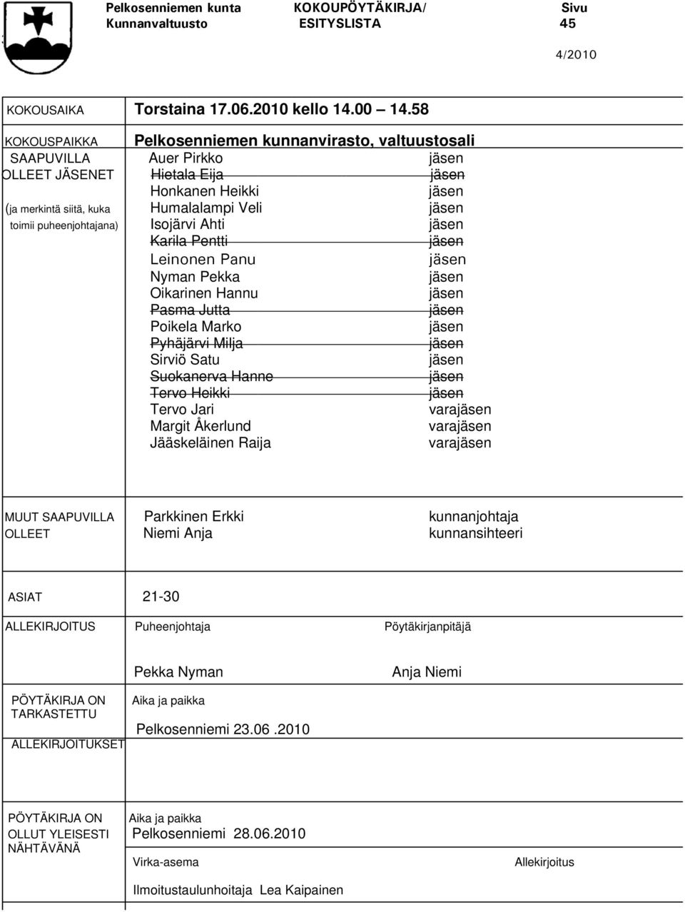 puheenjohtajana) Isojärvi Ahti jäsen Karila Pentti jäsen Leinonen Panu Nyman Pekka Oikarinen Hannu Pasma Jutta Poikela Marko Pyhäjärvi Milja Sirviö Satu Suokanerva Hanne Tervo Heikki Tervo Jari