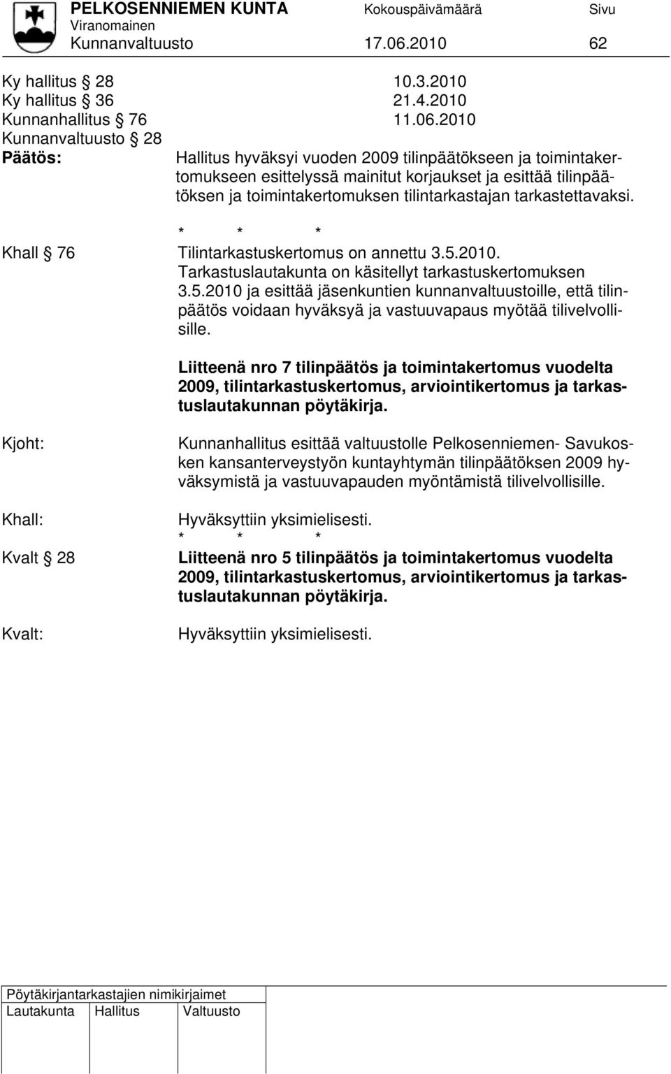 2010 Kunnanvaltuusto 28 Päätös: Hallitus hyväksyi vuoden 2009 tilinpäätökseen ja toimintakertomukseen esittelyssä mainitut korjaukset ja esittää tilinpäätöksen ja toimintakertomuksen tilintarkastajan