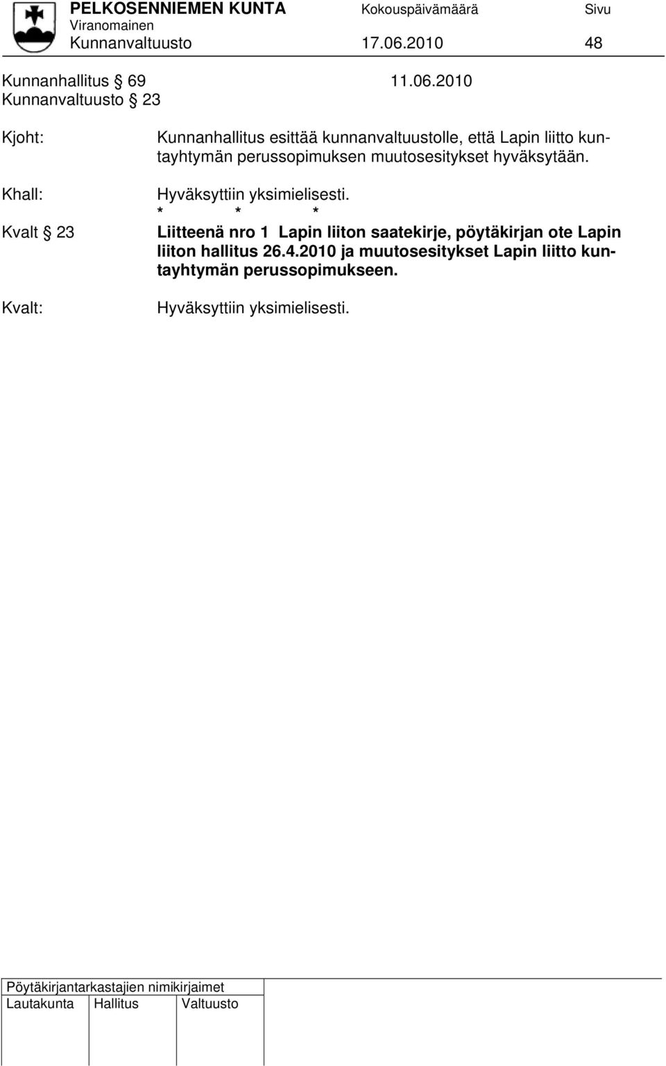 2010 Kunnanvaltuusto 23 Kjoht: Khall: Kvalt 23 Kvalt: Kunnanhallitus esittää