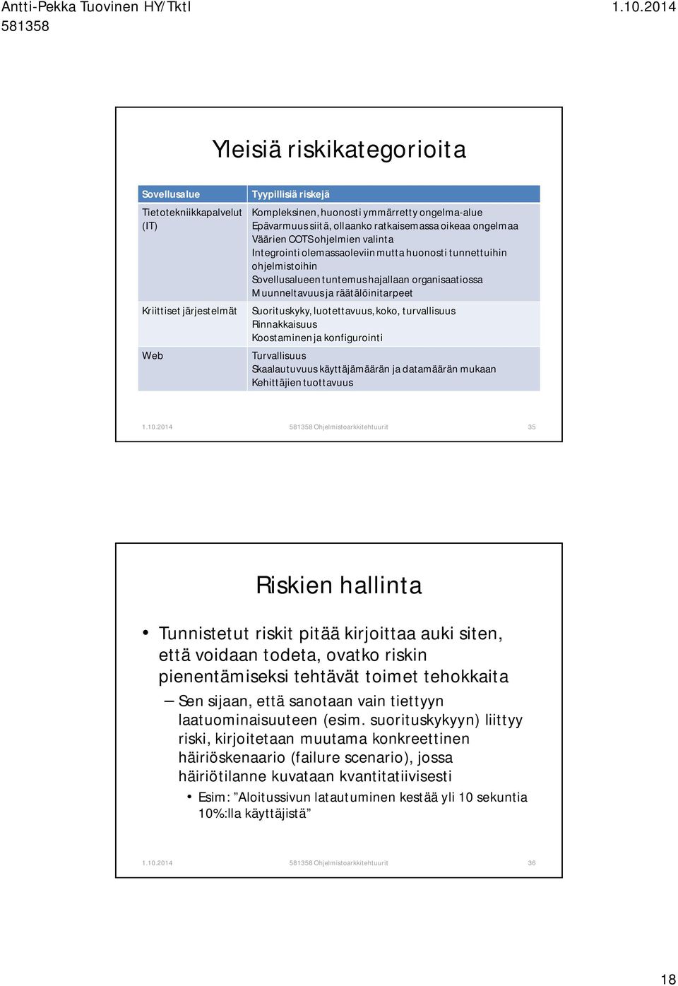 räätälöinitarpeet Suorituskyky, luotettavuus,koko, turvallisuus Rinnakkaisuus Koostaminen ja konfigurointi Turvallisuus Skaalautuvuus käyttäjämäärän ja datamäärän mukaan Kehittäjien tuottavuus