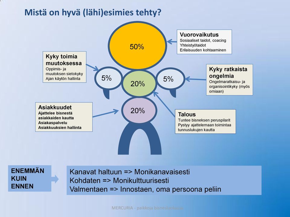 Erilaisuuden kohtaaminen Kyky ratkaista ongelmia Ongelmaratkaisu- ja organisointikyky (myös omiaan) Asiakkuudet Ajattelee bisnestä asiakkaiden