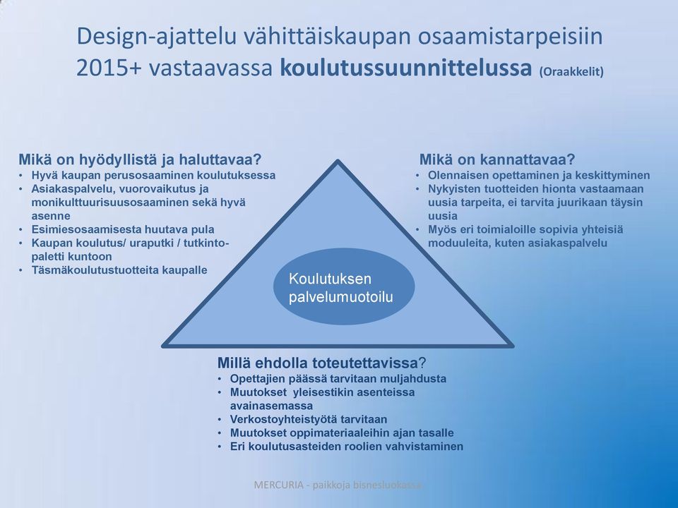 kuntoon Täsmäkoulutustuotteita kaupalle Koulutuksen palvelumuotoilu Mikä on kannattavaa?