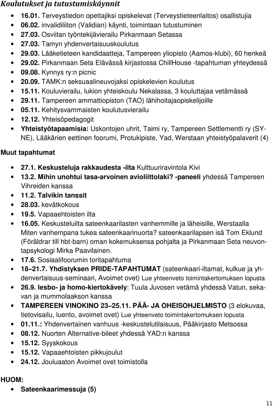 Pirkanmaan Seta Elävässä kirjastossa ChillHouse -tapahtuman yhteydessä 09.08. Kynnys ry:n picnic 20.09. TAMK:n seksuaalineuvojaksi opiskelevien koulutus 15.11.