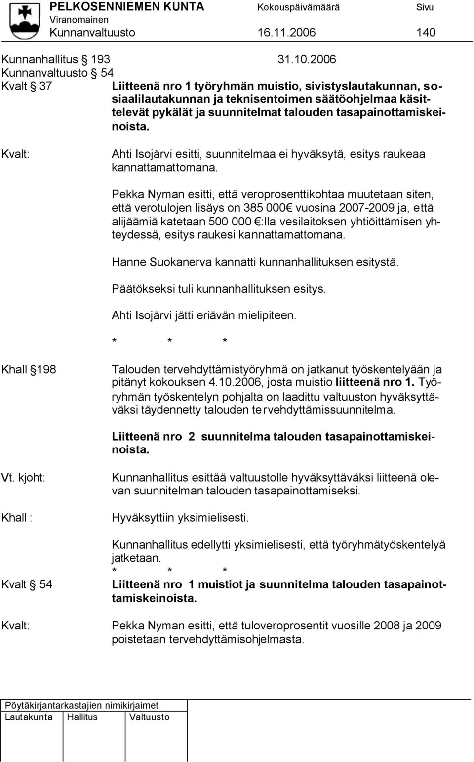 tasapainottamiskeinoista. Kvalt: Ahti Isojärvi esitti, suunnitelmaa ei hyväksytä, esitys raukeaa kannattamattomana.