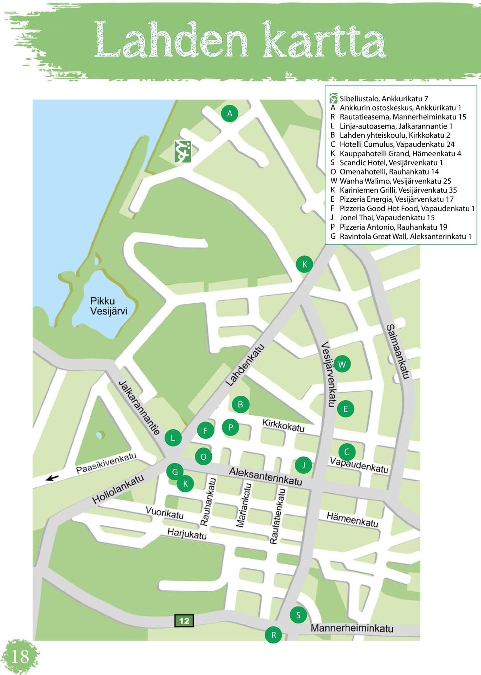 Vesijärvenkatu 1 Omenahotelli, Rauhankatu 14 Wanha Walimo, Vesijärvenkatu 25 Kariniemen Grilli, Vesijärvenkatu 35 Pizzeria Energia, Vesijärvenkatu 17