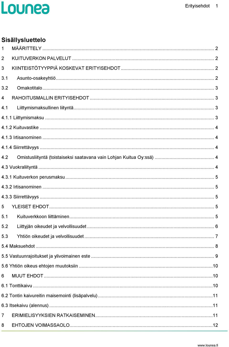 .. 4 4.3 Vuokraliityntä... 4 4.3.1 Kuituverkon perusmaksu... 5 4.3.2 Irtisanominen... 5 4.3.3 Siirrettävyys... 5 5 YLEISET EHDOT... 5 5.1 Kuituverkkoon liittäminen... 5 5.2 Liittyjän oikeudet ja velvollisuudet.