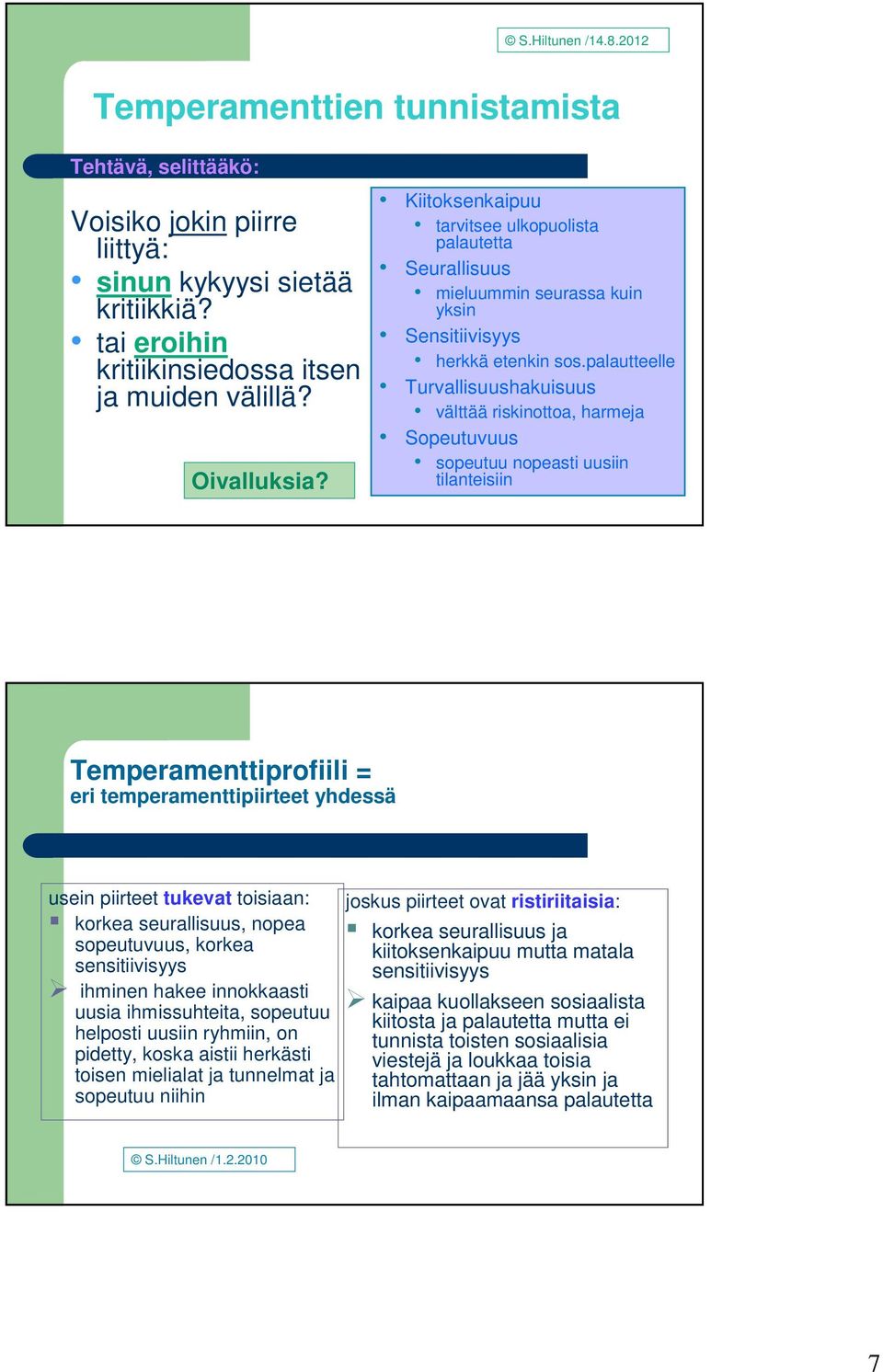 palautteelle Turvallisuushakuisuus välttää riskinottoa, harmeja Sopeutuvuus sopeutuu nopeasti uusiin tilanteisiin Temperamenttiprofiili = eri temperamenttipiirteet yhdessä usein piirteet tukevat