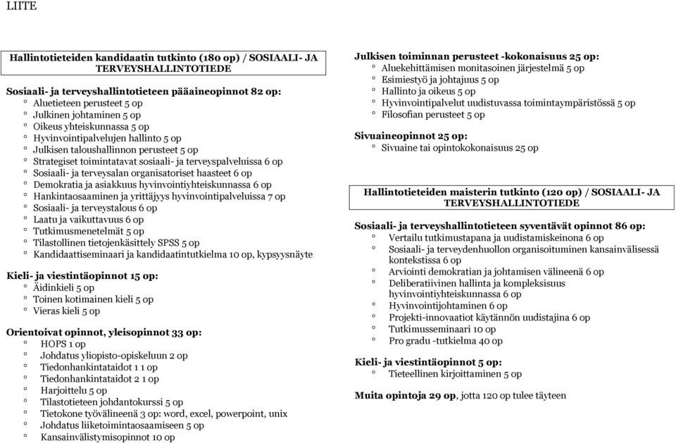 organisatoriset haasteet 6 op Demokratia ja asiakkuus hyvinvointiyhteiskunnassa 6 op Hankintaosaaminen ja yrittäjyys hyvinvointipalveluissa 7 op Sosiaali- ja terveystalous 6 op Laatu ja vaikuttavuus