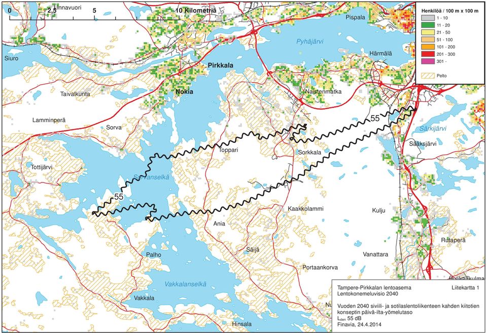 Rutaperä Säijä Palho Vanattara Portaankorva Hulikankulma Vakkalanselkä Tampere-Pirkkalan lentoasema Lentokonemeluvisio 2040 Vakkala Liitekartta 1