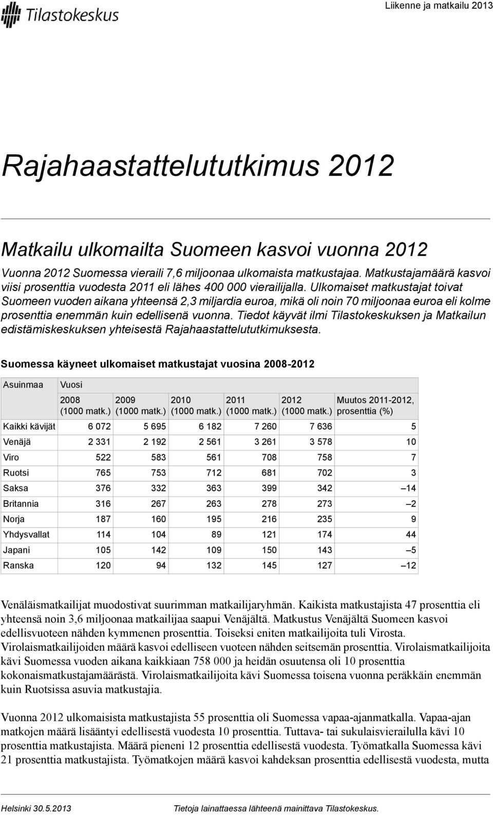 kuin edellisenä vuonna Tiedot käyvät ilmi Tilastokeskuksen ja Matkailun edistämiskeskuksen yhteisestä Rajahaastattelututkimuksesta Suomessa käyneet ulkomaiset matkustajat vuosina 008-01 Asuinmaa