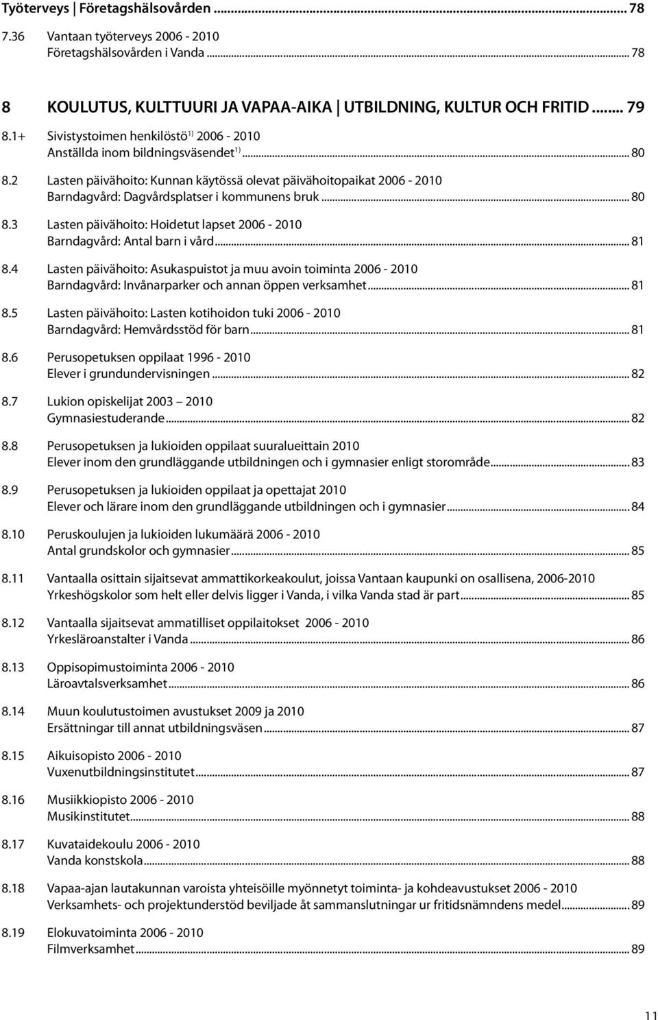 .. 80 8.3 Lasten päivähoito: Hoidetut lapset 2006-2010 Barndagvård: Antal barn i vård... 81 8.