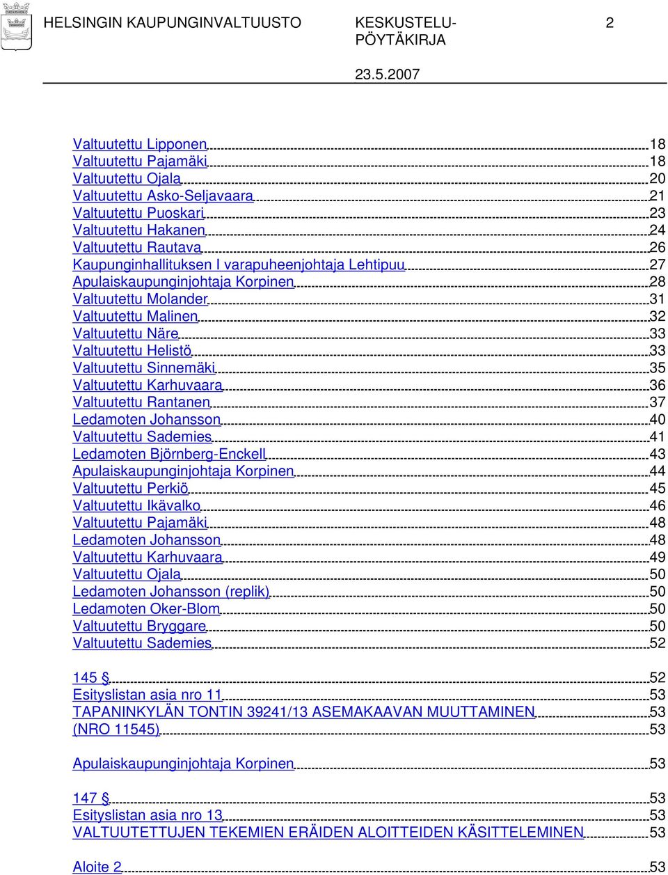 33 Valtuutettu Sinnemäki 35 Valtuutettu Karhuvaara 36 Valtuutettu Rantanen 37 Ledamoten Johansson 40 Valtuutettu Sademies 41 Ledamoten Björnberg-Enckell 43 Apulaiskaupunginjohtaja Korpinen 44