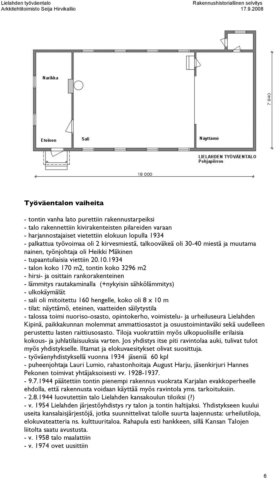 1934 - talon koko 170 m2, tontin koko 3296 m2 - hirsi- ja osittain rankorakenteinen - lämmitys rautakaminalla (+nykyisin sähkölämmitys) - ulkokäymälät - sali oli mitoitettu 160 hengelle, koko oli 8 x