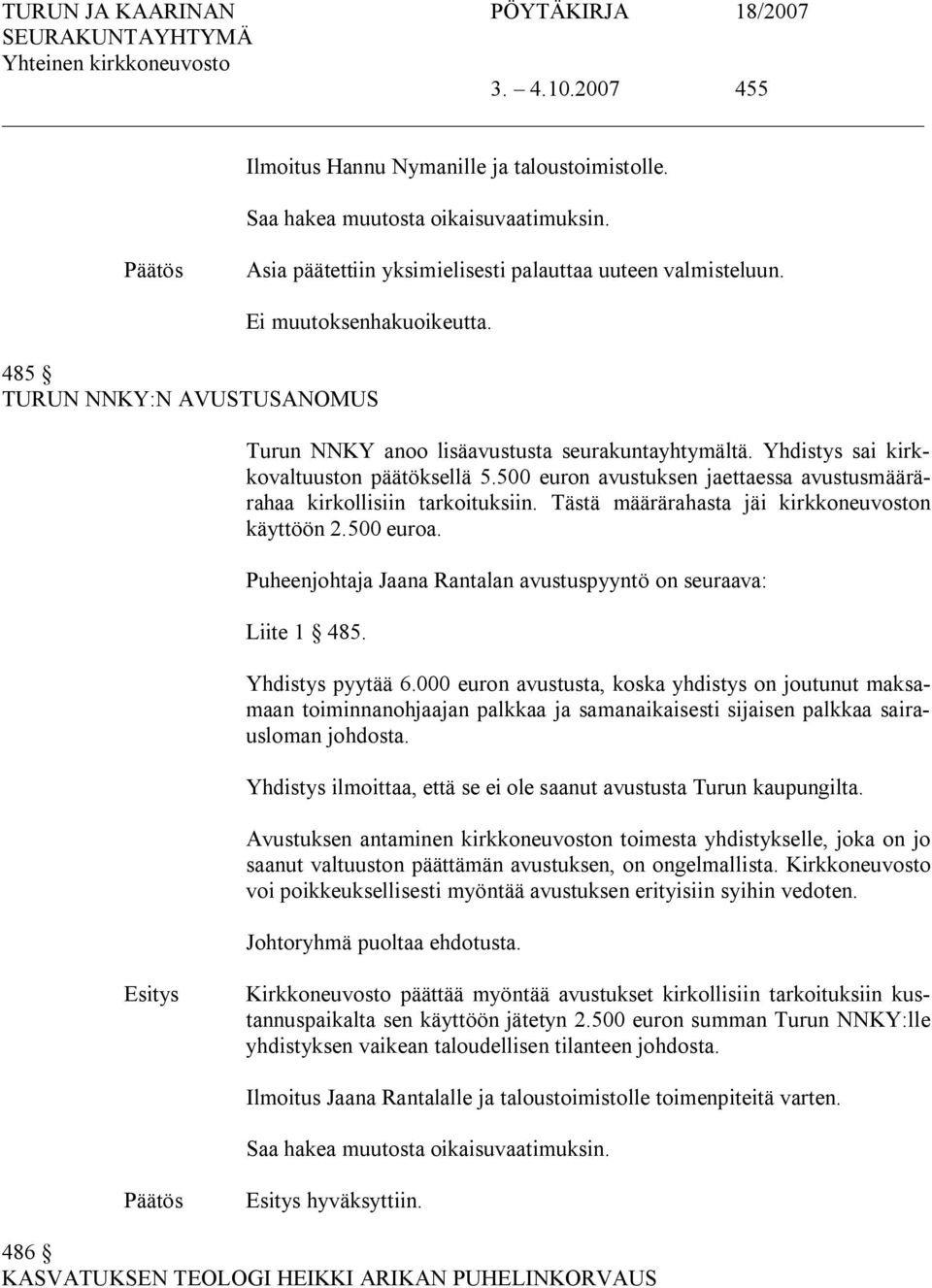 500 euron avustuksen jaettaessa avustusmäärärahaa kirkollisiin tarkoituksiin. Tästä määrärahasta jäi kirkkoneuvoston käyttöön 2.500 euroa.