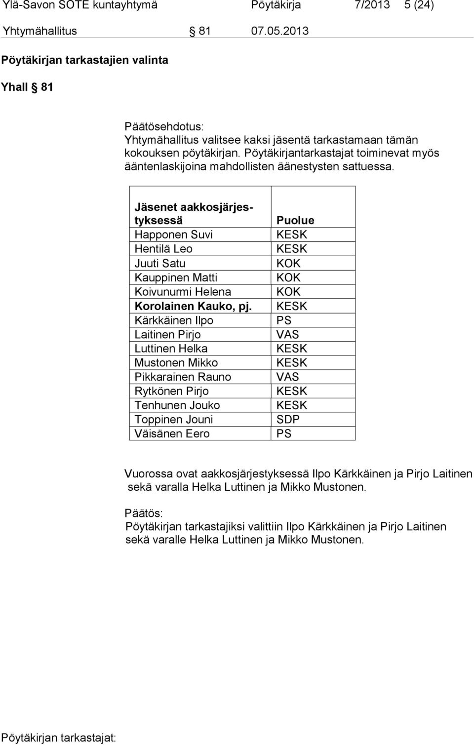 Pöytäkirjantarkastajat toiminevat myös ääntenlaskijoina mahdollisten äänestysten sattuessa.