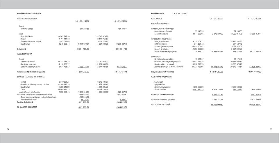 2006 Tuotot Toimintatuotot 217 223,88 186 440,14 Kulut Henkilöstökulut -3 263 549,30-3 043 819,29 Poistot -1 711 744,72-2 144 751,57 Konserniliikearvon poisto -947 027,88-507 228,45 Muut kulut -3 249