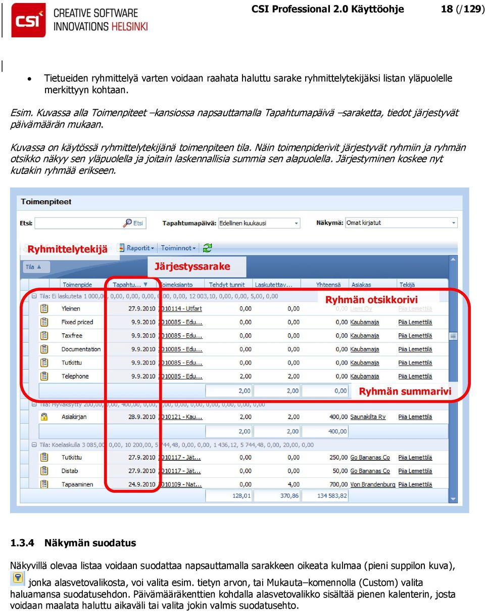 Näin toimenpiderivit järjestyvät ryhmiin ja ryhmän otsikko näkyy sen yläpuolella ja joitain laskennallisia summia sen alapuolella. Järjestyminen koskee nyt kutakin ryhmää erikseen.