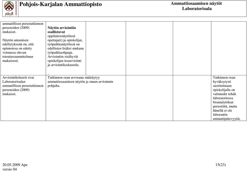 Arviointiin sisältyvät opiskelijan itsearviointi ja arviointikeskustelu.