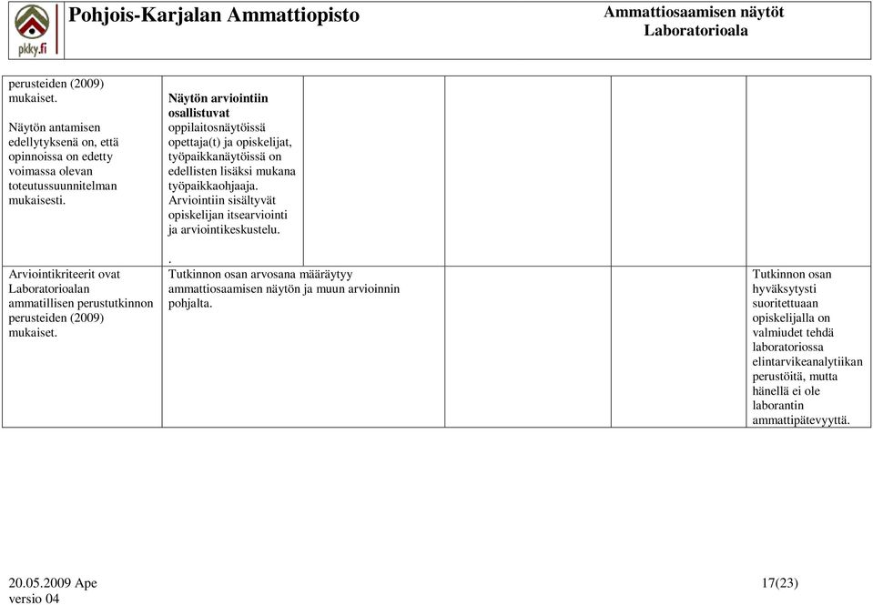 Arviointiin sisältyvät opiskelijan itsearviointi ja arviointikeskustelu.