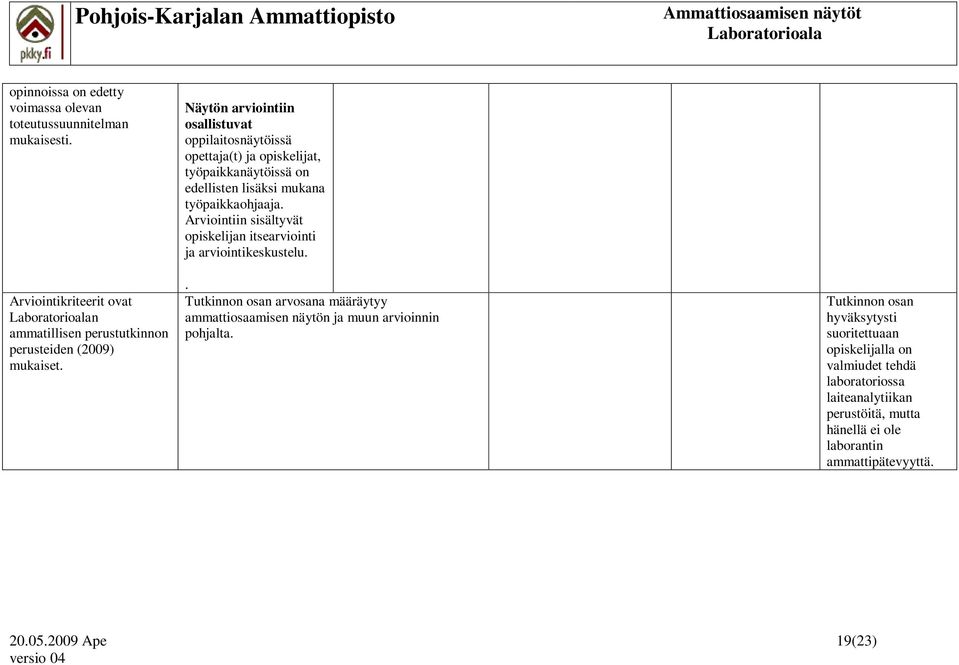 Arviointiin sisältyvät opiskelijan itsearviointi ja arviointikeskustelu.