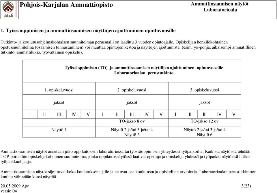 yo-pohja, aikaisempi ammatillinen tutkinto, ammattilukio, työvaltainen opiskelu). Työssäoppimisen (TO) ja ammattiosaamisen näyttöjen ajoittuminen opintovuosille n perustutkinto 1. opiskeluvuosi 2.