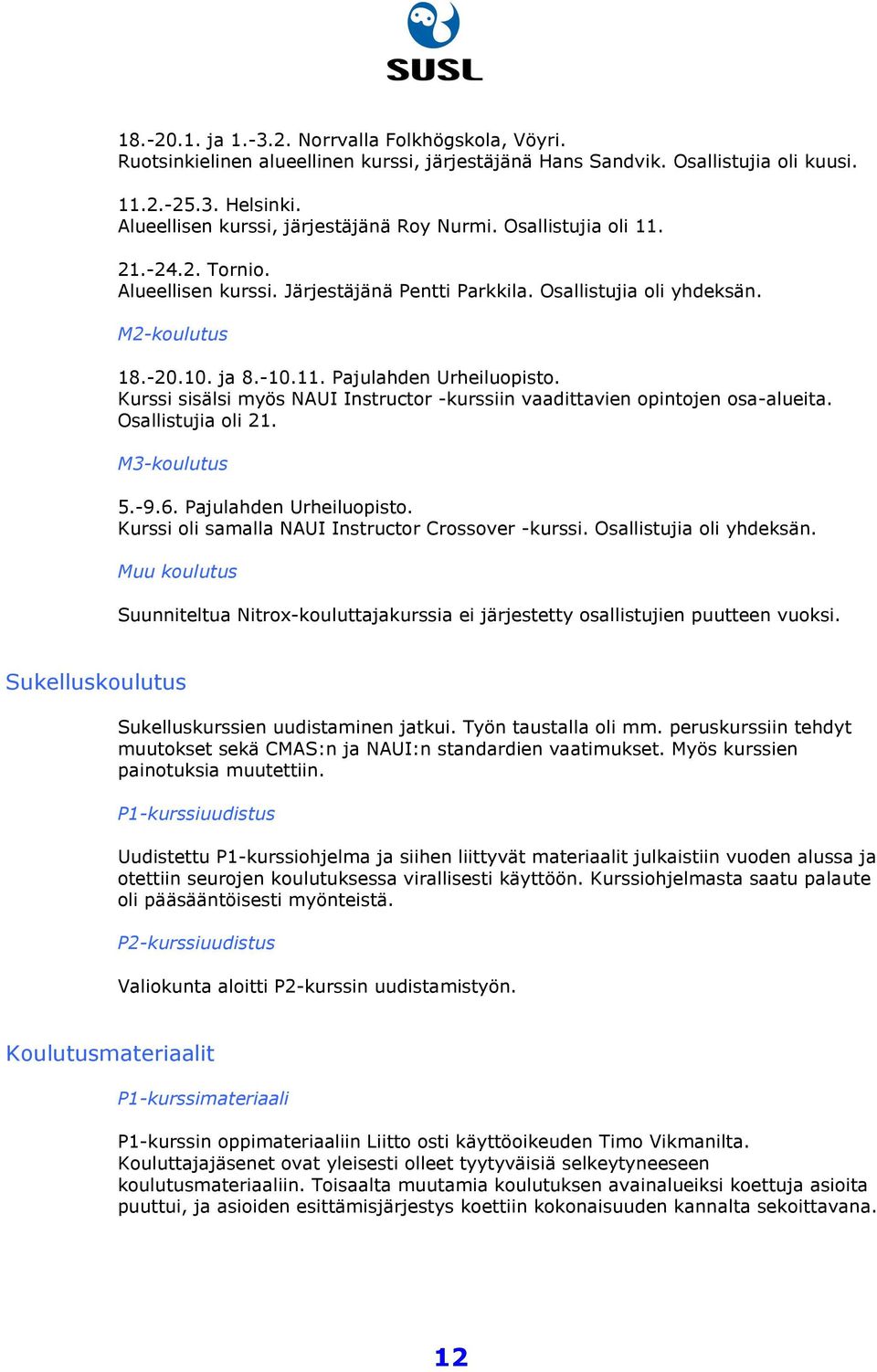 Kurssi sisälsi myös NAUI Instructor -kurssiin vaadittavien opintojen osa-alueita. Osallistujia oli 21. M3-koulutus 5.-9.6. Pajulahden Urheiluopisto.