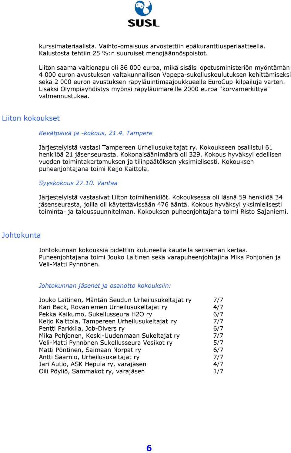 räpyläuintimaajoukkueelle EuroCup-kilpailuja varten. Lisäksi Olympiayhdistys myönsi räpyläuimareille 2000 euroa "korvamerkittyä" valmennustukea. Liiton kokoukset Kevätpäivä ja -kokous, 21.4.