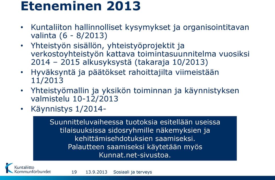11/2013 Yhteistyömallin ja yksikön toiminnan ja käynnistyksen valmistelu 10-12/2013 Käynnistys 1/2014- Suunnitteluvaiheessa tuotoksia esitellään