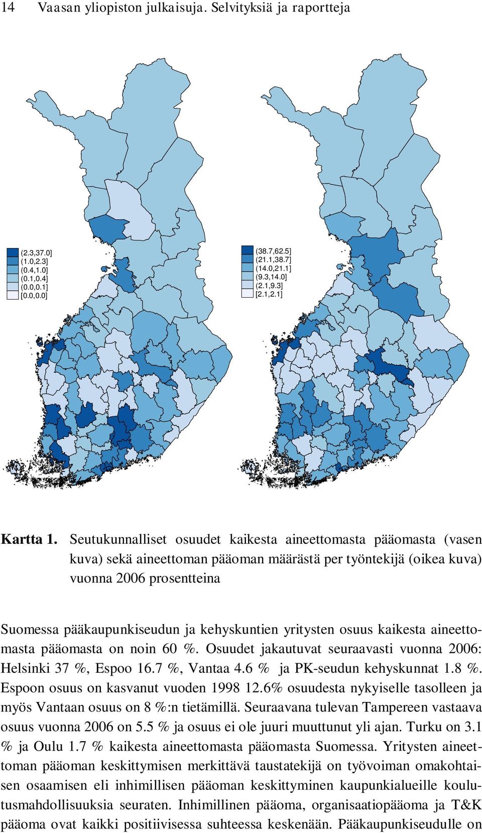 kehyskuntien yritysten osuus kaikesta aineettomasta pääomasta on noin 60 %. Osuudet jakautuvat seuraavasti vuonna 2006: Helsinki 37 %, Espoo 16.7 %, Vantaa 4.6 % ja PK-seudun kehyskunnat 1.8 %.