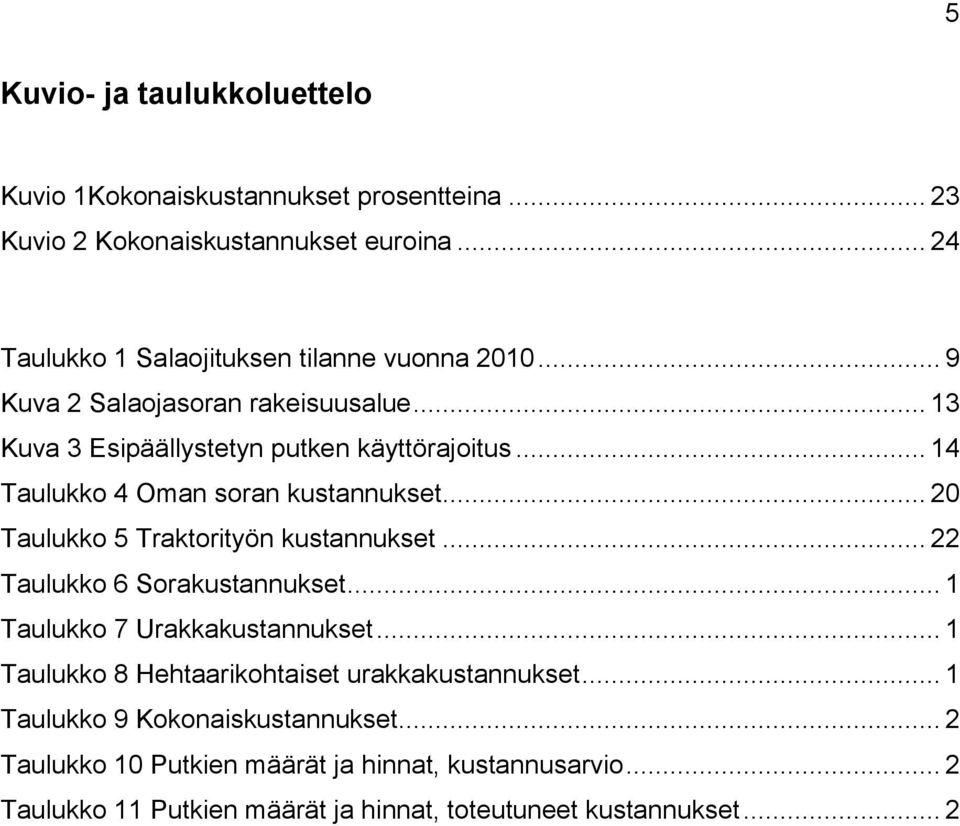 .. 14 Taulukko 4 Oman soran kustannukset... 20 Taulukko 5 Traktorityön kustannukset... 22 Taulukko 6 Sorakustannukset... 1 Taulukko 7 Urakkakustannukset.