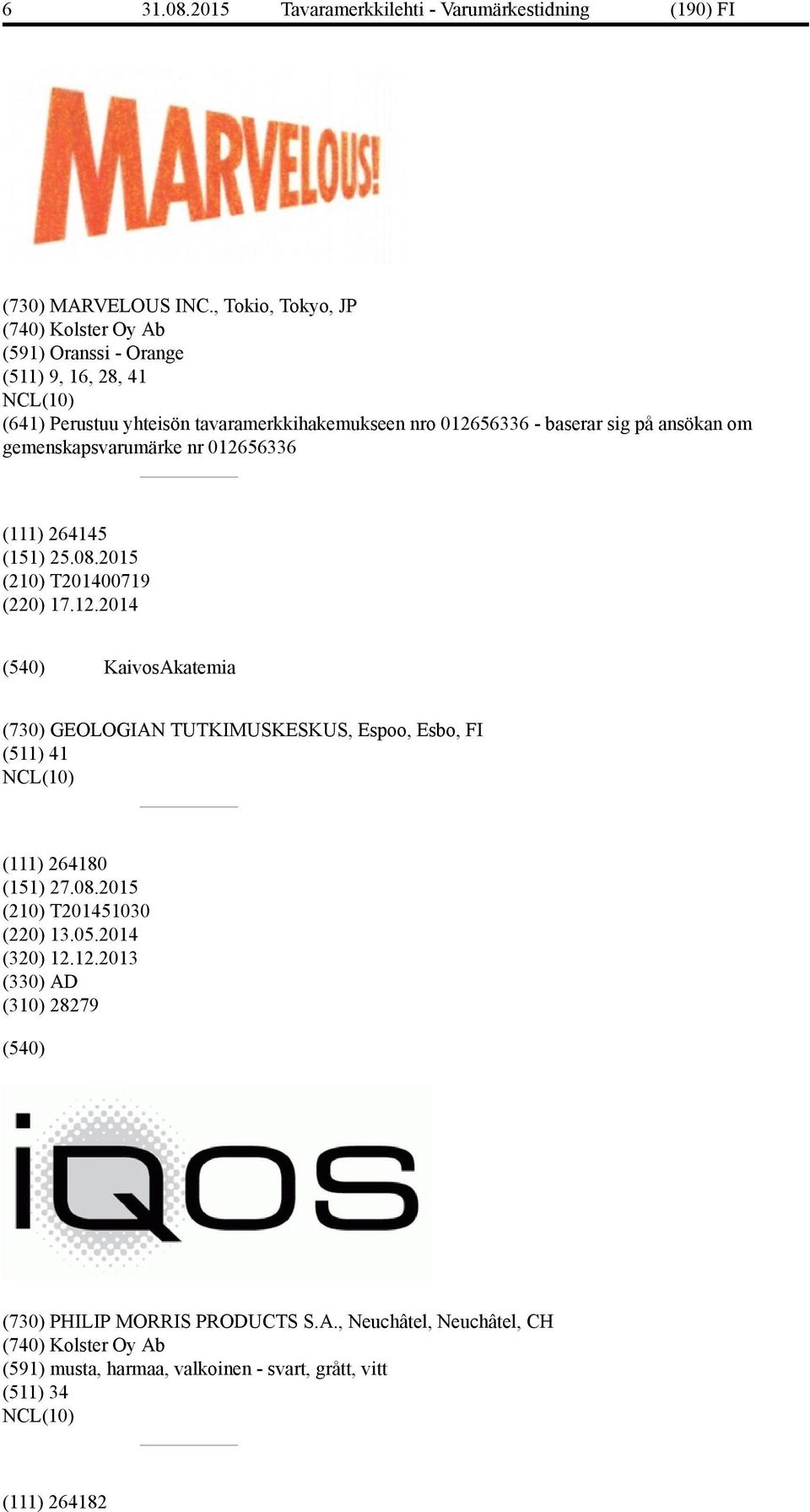 sig på ansökan om gemenskapsvarumärke nr 012656336 (111) 264145 (151) 25.08.2015 (210) T201400719 (220) 17.12.2014 KaivosAkatemia (730) GEOLOGIAN TUTKIMUSKESKUS, Espoo, Esbo, FI (511) 41 (111) 264180 (151) 27.