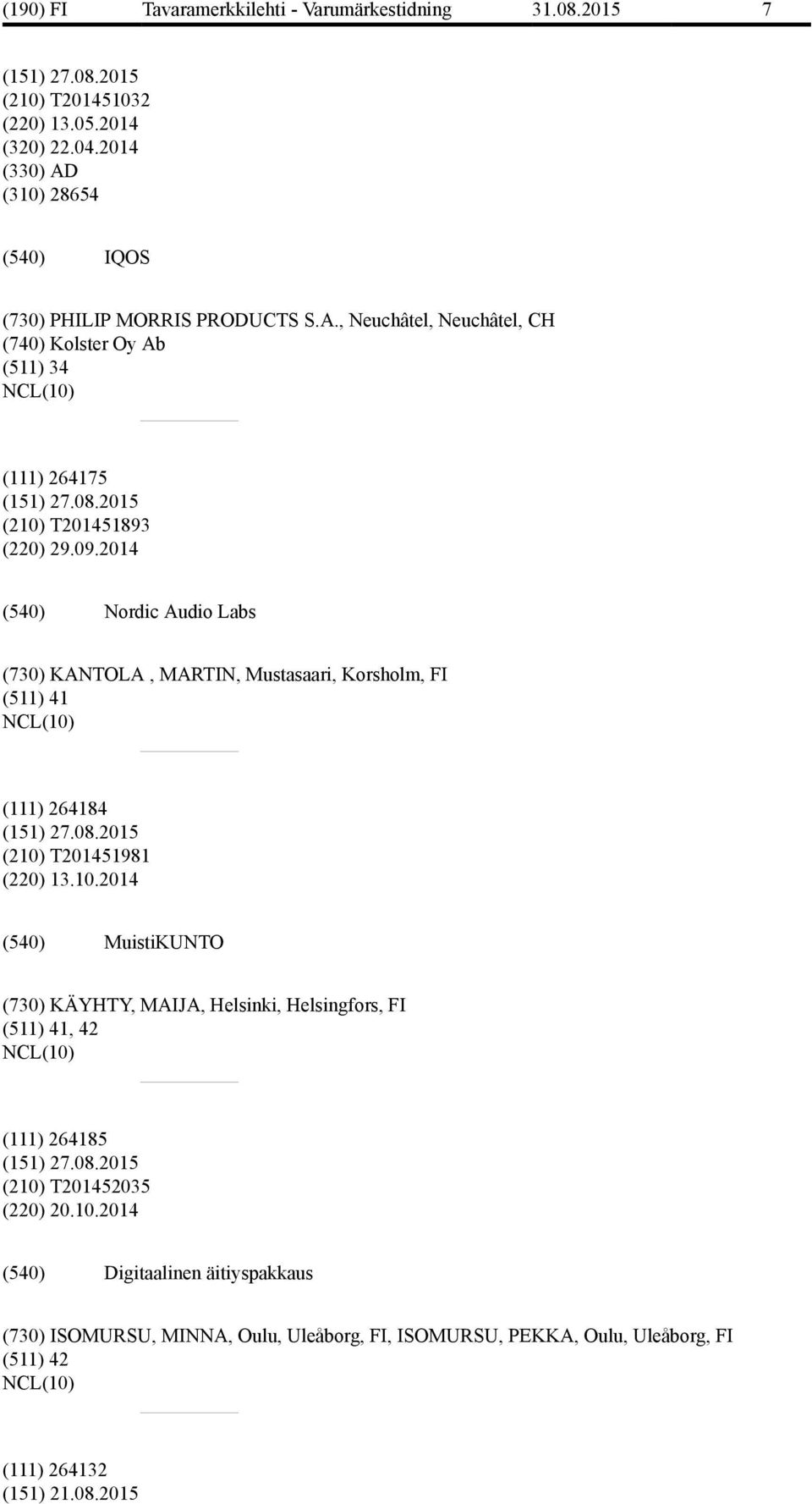 10.2014 MuistiKUNTO (730) KÄYHTY, MAIJA, Helsinki, Helsingfors, FI (511) 41, 42 (111) 264185 (151) 27.08.2015 (210) T201452035 (220) 20.10.2014 Digitaalinen äitiyspakkaus (730) ISOMURSU, MINNA, Oulu, Uleåborg, FI, ISOMURSU, PEKKA, Oulu, Uleåborg, FI (511) 42 (111) 264132 (151) 21.