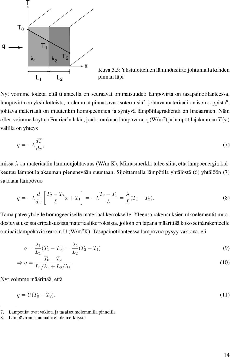 pinnat ovat isotermisiä 7, johtava materiaali on isotrooppista 8, johtava materiaali on muutenkin homogeeninen ja syntyvä lämpötilagradientti on lineaarinen.