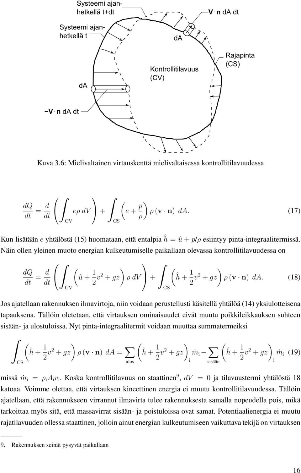 Näin ollen yleinen muoto energian kulkeutumiselle paikallaan olevassa kontrollitilavuudessa on dq dt = d dt CV ( û + 1 ) 2 v2 + gz ρ dv + CS ( ĥ + 1 ) 2 v2 + gz ρ (v n) da.