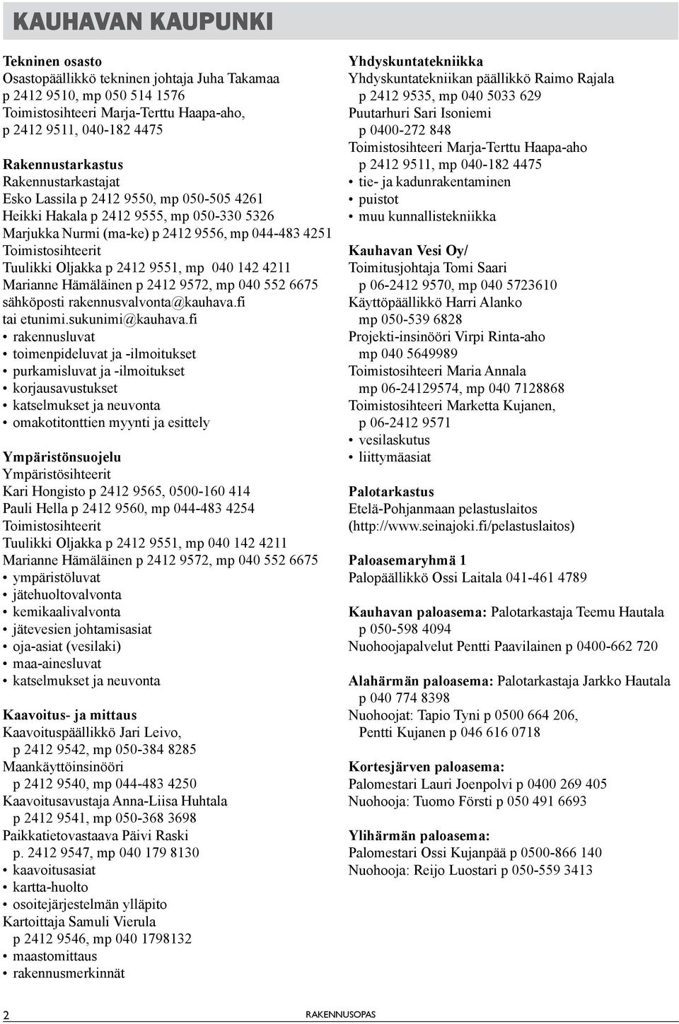 9551, mp 040 142 4211 Marianne Hämäläinen p 2412 9572, mp 040 552 6675 sähköposti rakennusvalvonta@kauhava.fi tai etunimi.sukunimi@kauhava.