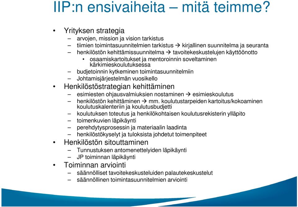 käyttöönotto osaamiskartoitukset ja mentoroinnin soveltaminen kärkimieskoulutuksessa budjetoinnin kytkeminen toimintasuunnitelmiin Johtamisjärjestelmän vuosikello Henkilöstöstrategian kehittäminen