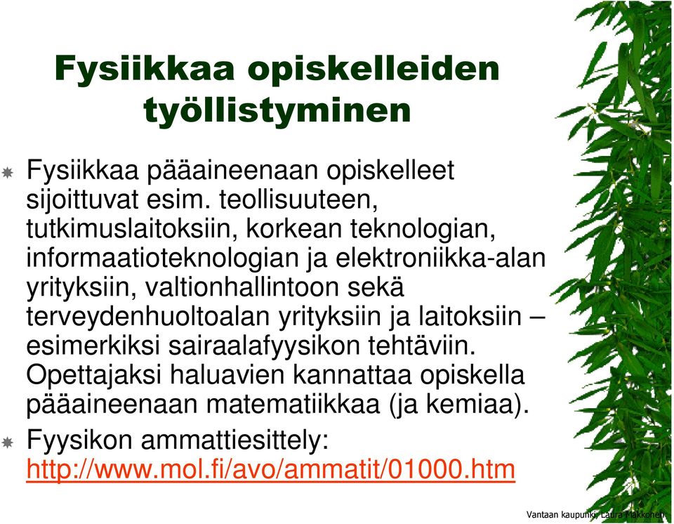 valtionhallintoon sekä terveydenhuoltoalan yrityksiin ja laitoksiin esimerkiksi sairaalafyysikon tehtäviin.