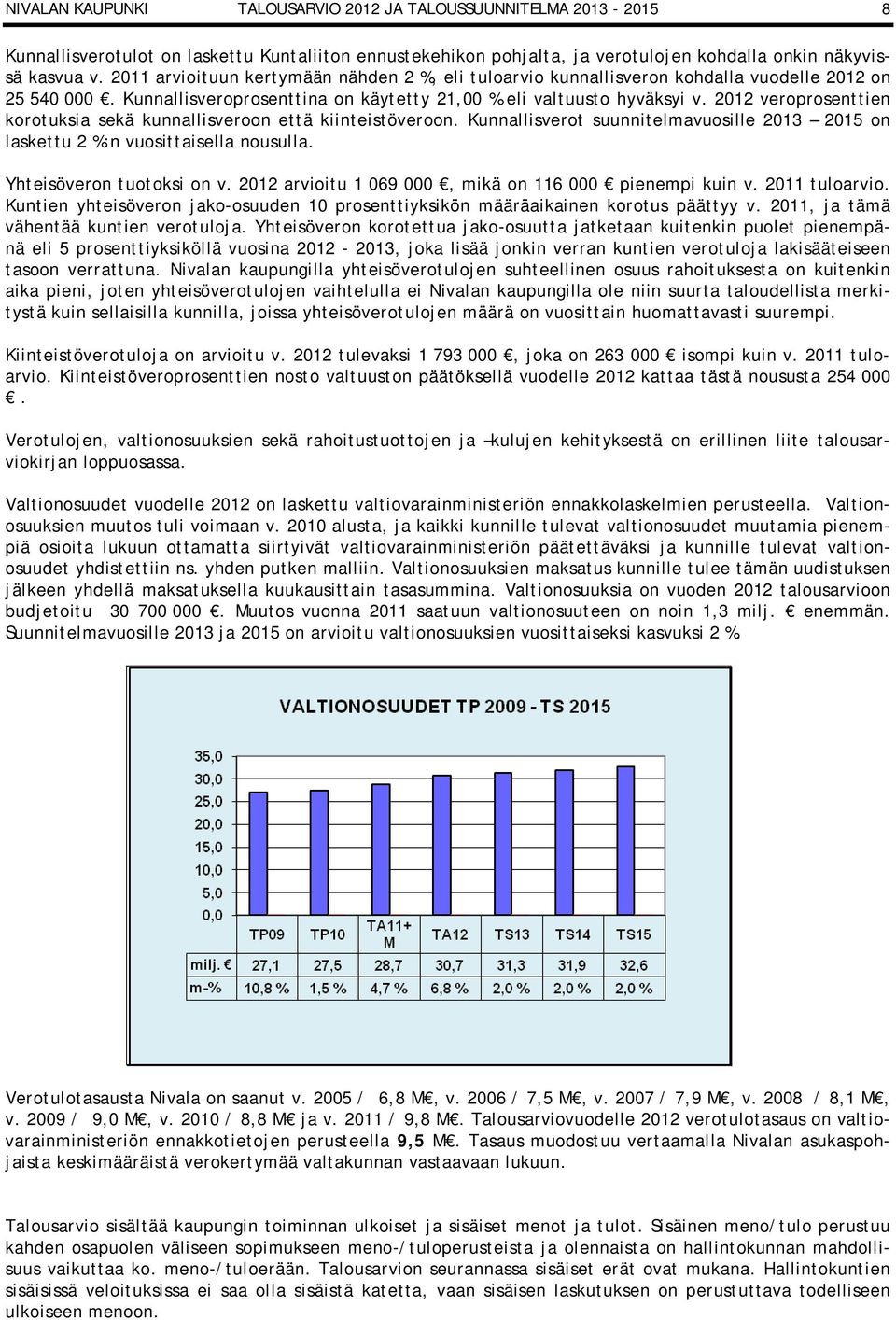 2012 veroprosenttien korotuksia sekä kunnallisveroon että kiinteistöveroon. Kunnallisverot suunnitelmavuosille 2013 2015 on laskettu 2 %:n vuosittaisella nousulla. Yhteisöveron tuotoksi on v.