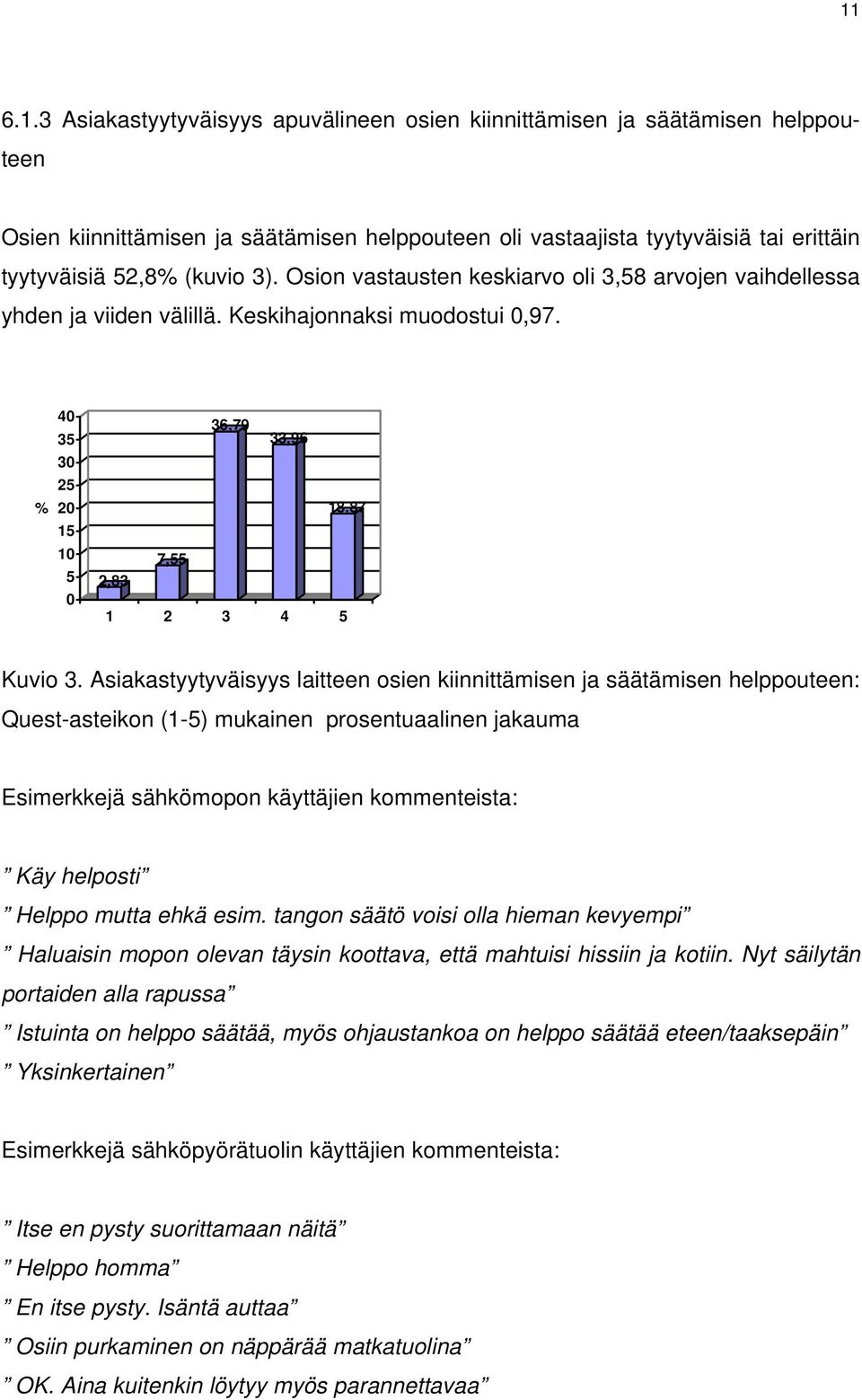 Asiakastyytyväisyys laitteen osien kiinnittämisen ja säätämisen helppouteen: Quest-asteikon (1-5) mukainen prosentuaalinen jakauma Esimerkkejä sähkömopon käyttäjien kommenteista: Käy helposti Helppo