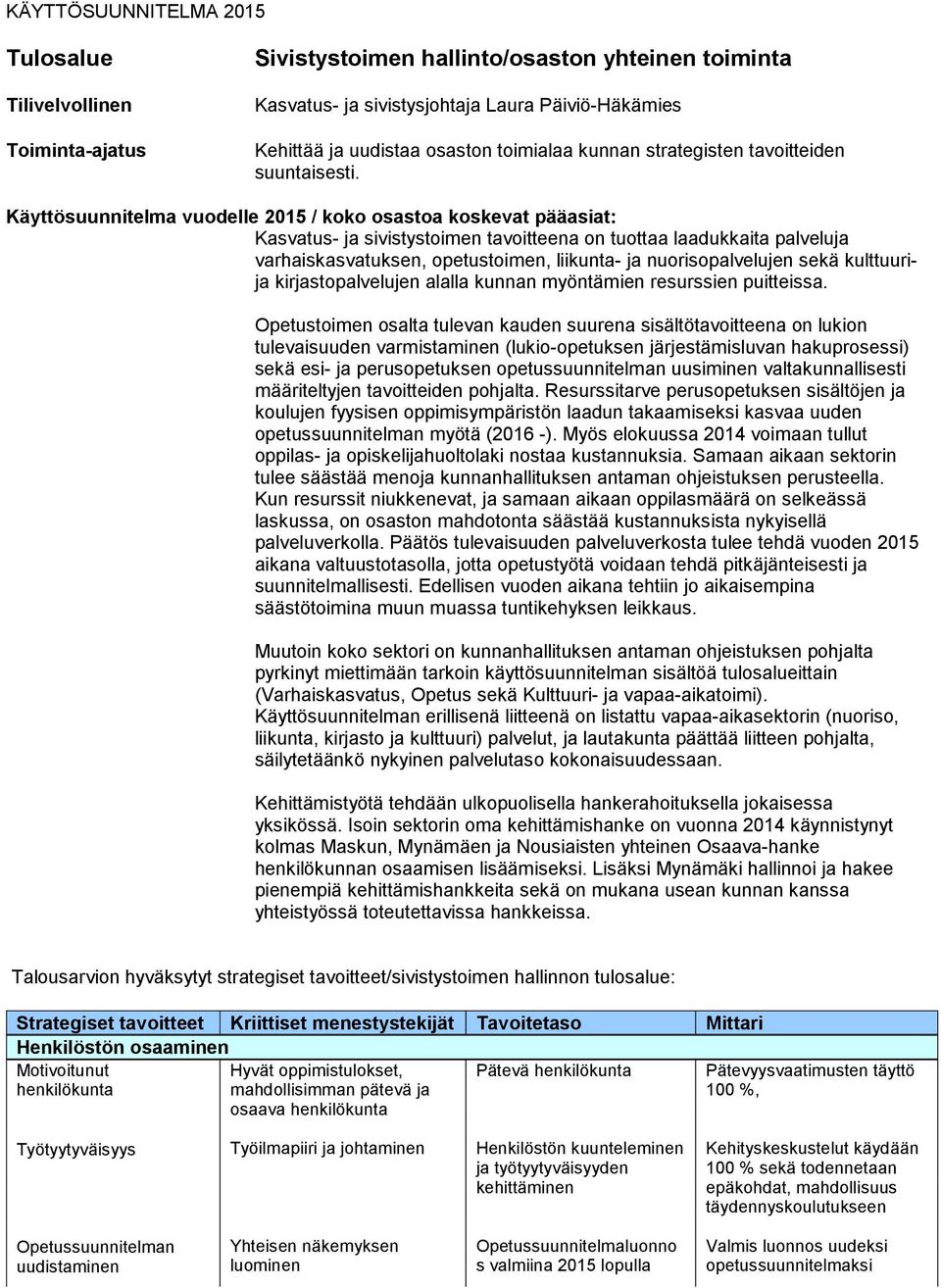 Käyttösuunnitelma vuodelle 2015 / koko osastoa koskevat pääasiat: Kasvatus- ja sivistystoimen tavoitteena on tuottaa laadukkaita palveluja varhaiskasvatuksen, opetustoimen, liikunta- ja