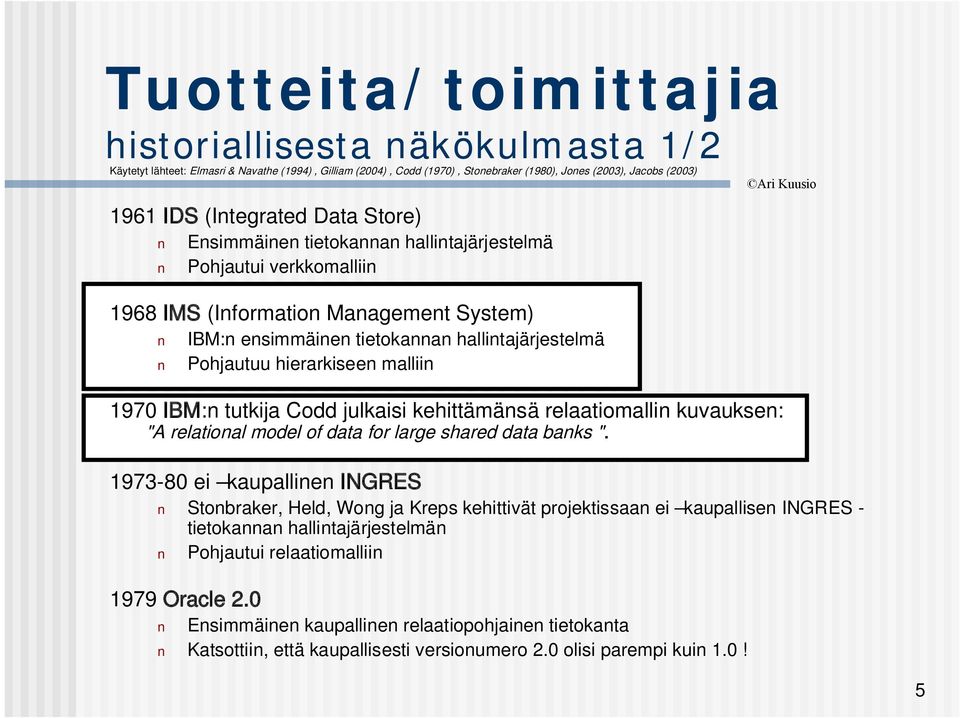 malliin 1970 IBM:n tutkija Codd julkaisi kehittämänsä relaatiomallin kuvauksen: "A relational model of data for large shared data banks ".